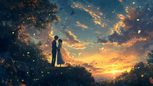 Romantic couple silhouette under vivid sunset sky.