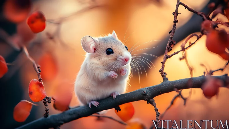 Dawn-lit velvet mouse perched among glowing autumn berries.