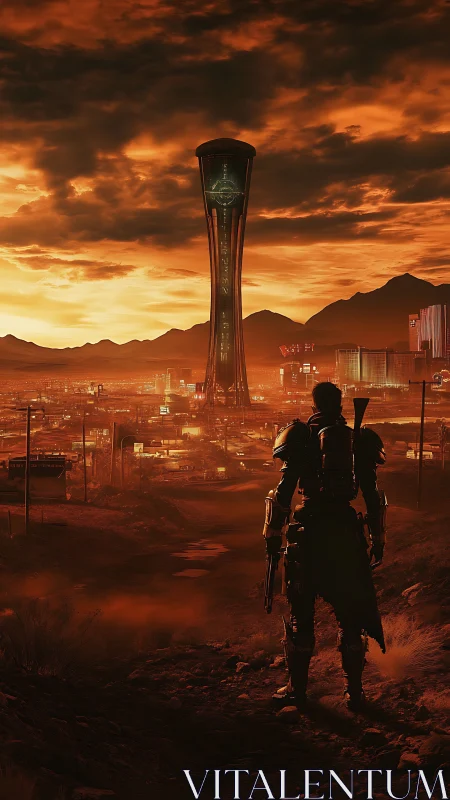 Armored wanderer overlooks dystopian desert city at dusk.