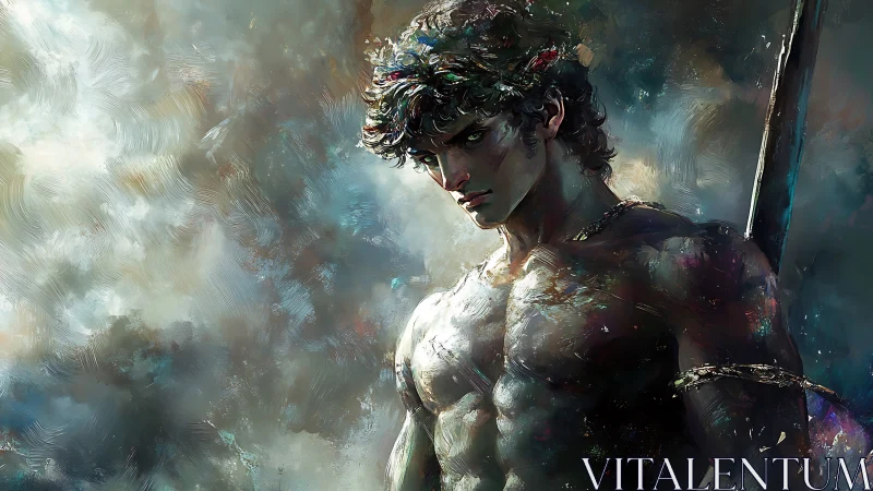 Mythic warrior portrait with luminous brushstroke atmosphere