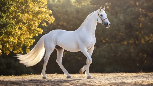 White stallion moves through sunlit forest-edge sand.
