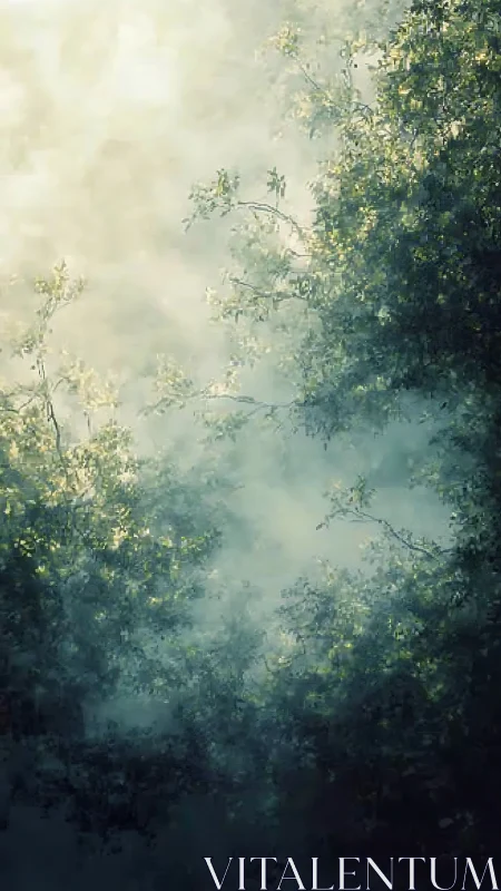 Dense Forest Canopy With Atmospheric Mist and Layered Vegetation Structure