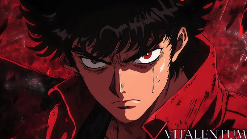 Intense anime portrait with cel-shaded lighting and red motion field