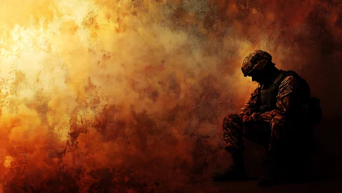 Silhouetted soldier rests against textured, burning light field