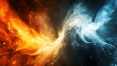 Opposing fire and ice nebula streams collide in dynamic motion