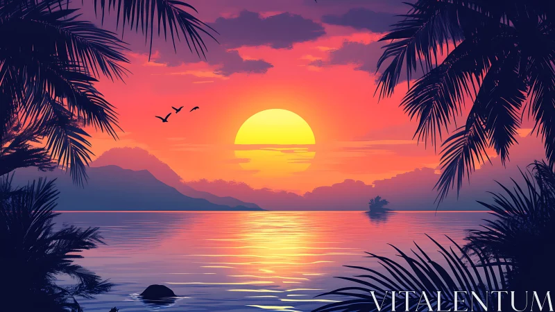 Sun sets over tropical bay framed by silhouetted palm trees