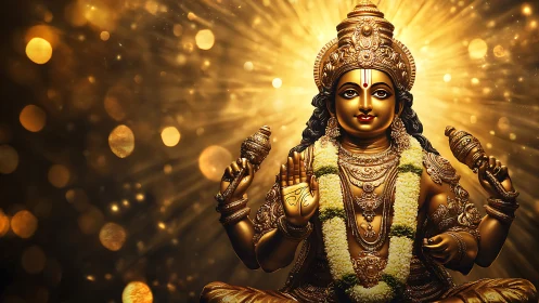 Golden Hindu deity statue sits before radiant light halo