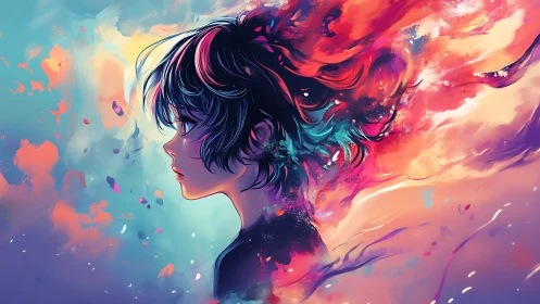 Starlit profile drifts through a storm of neon dreams.