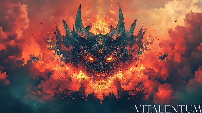 Demonic horned visage erupts from blazing infernal clouds.