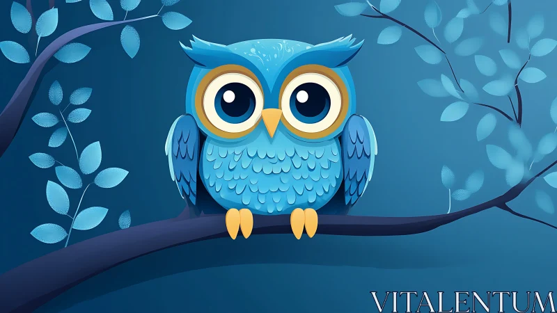 Cute cartoon blue owl on tree branch in whimsical night scene.