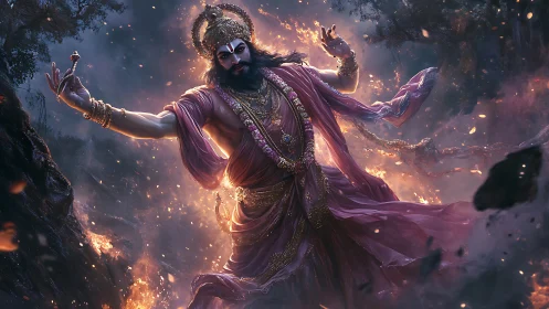 Divine warrior dances amid swirling fire and cosmic storm.