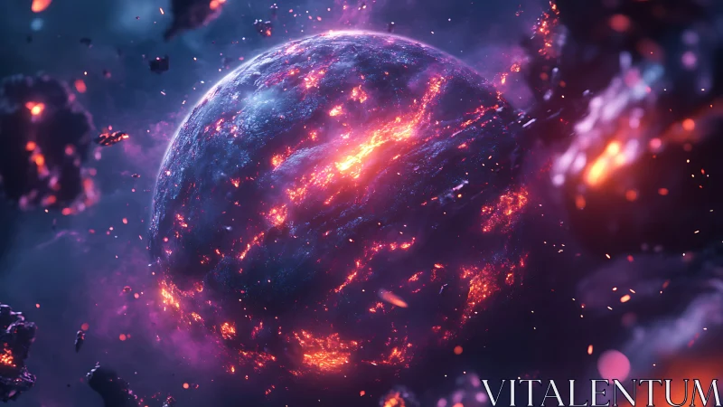 Volcanic planetary body with molten fissures in space.