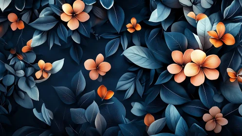 Orange Blossoms Against Deep Navy Botanical Composition.