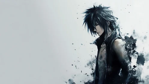 Brooding anime warrior dissolves into ink splatter storm