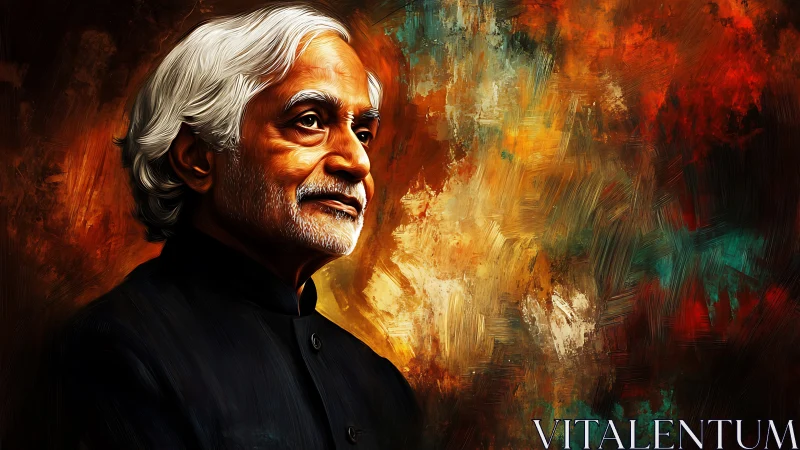 Silver-haired sage studies painted storms of memory