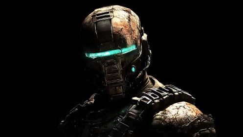 Heavily weathered sci fi exosuit helmet with cyan visor illumination