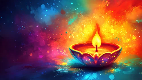 Luminescent festival diya cradled in cosmic color storms.