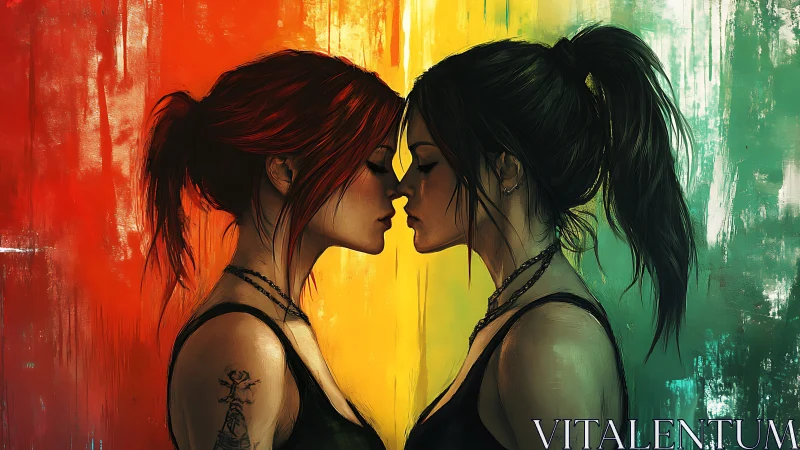 Two Figures Kiss Against Vivid Rainbow Gradient Wall.