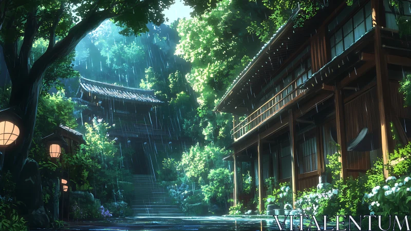 Rain-soaked Japanese inn courtyard in lush summer light.
