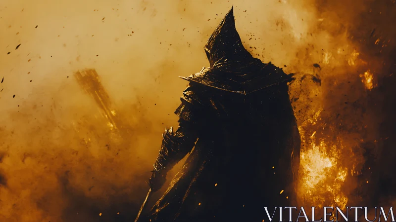 Armored dark figure stands in backlit inferno with volumetric embers