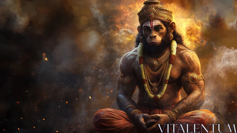 Sacred warrior monkey in calm firelit meditation pose.