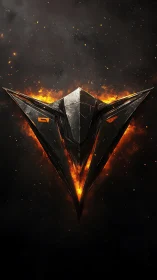 Forged obsidian emblem suspended in infernal blaze.