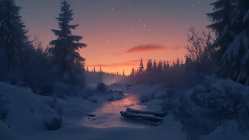Winter twilight river glows softly beneath a gentle sky