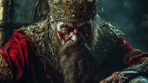 Battle-scarred medieval king glares from a shadowed throne