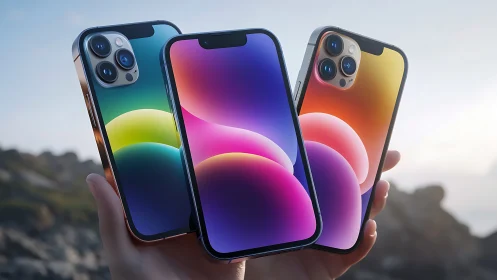 Three smartphones displaying gradient wallpapers held in hand.