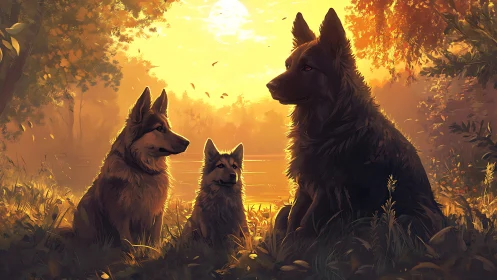 Golden sunset with a serene family of woodland dogs.