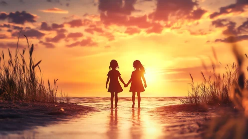 Photorealistic sunset shoreline with twin silhouettes composition.