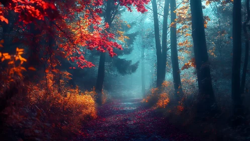 Autumnal Forest Pathway: Luminous Atmosphere Through Seasonal Chromatics.