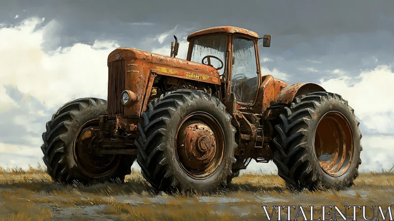 Rusty dual-wheeled tractor stands on wet grassy field