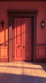 Architectural red double doors in warm directional sunlight.