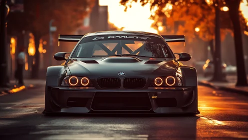 Sleek street racer glowing under warm autumn sunset light.