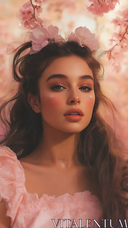 Romantic digital portrait under soft cherry blossoms.