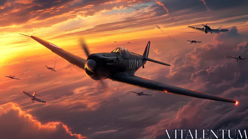 Sunset squadron soaring through painted stormlit clouds.