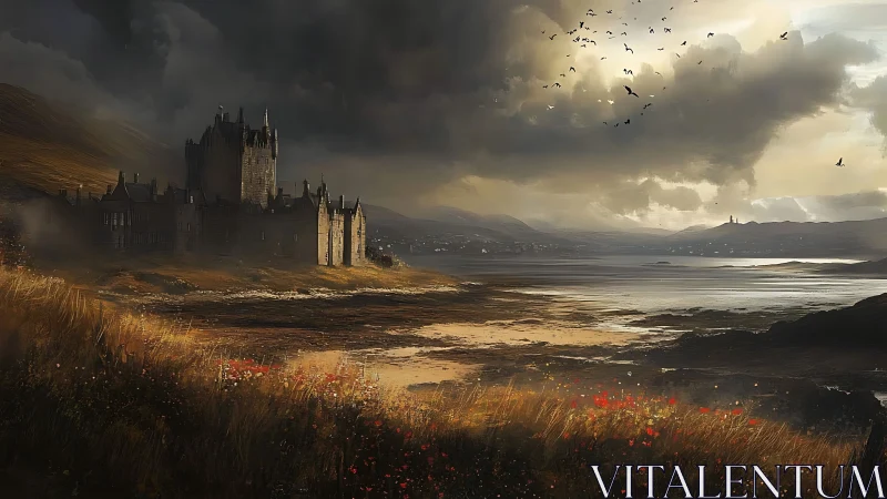 Stormlit castle gazes over quiet bay and glowing moor