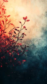 Red foliage silhouette intersects graded abstract backdrop