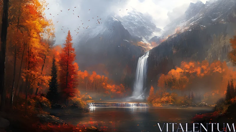 Golden autumn valley cradles a waterfall beneath misty peaks