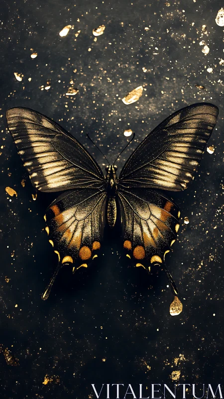 Golden black butterfly on dark textured background.