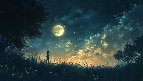 Moonlit child gazes across a tranquil, dreamlike meadow night.
