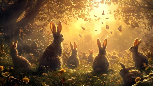 Group of rabbits sits in sunlit forest clearing watching butterflies