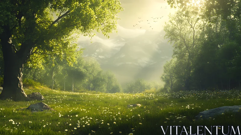 Luminous Forest Meadow Bathed in Golden Morning Light