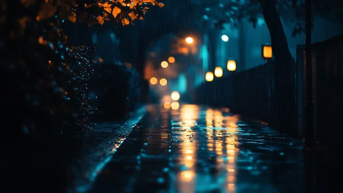 Rainy city sidewalk reflects blue and orange streetlights