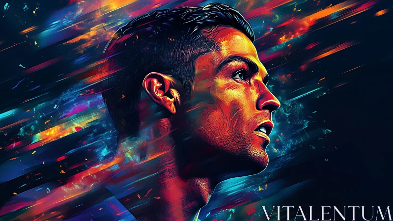 Profile portrait in saturated digital streaked colors.