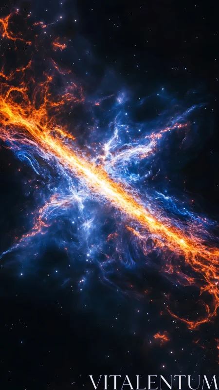 Cosmic fire and ice dance across a glowing starry rift.