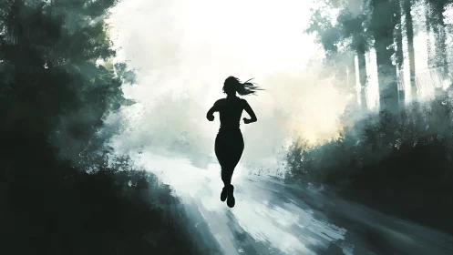 Silhouette runner on misty forest road in dynamic motion.
