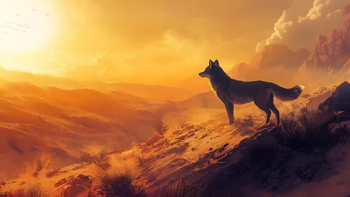 Lone dusk wolf surveying ember dunes of a burning horizon.