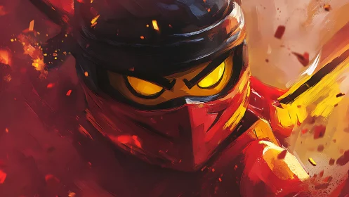 Lava-eyed toy ninja lunges through a storm of burning shards